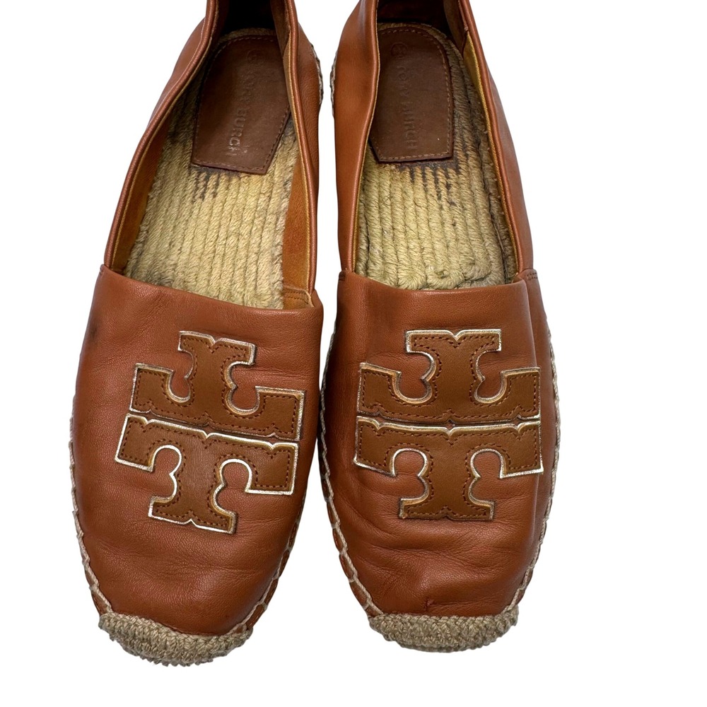 Tory Burch Ines Espadrilles Women 9.5 Brown Leather Double T Logo Preppy Casual